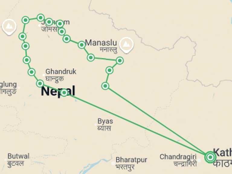 Map of Pokhara Adventure Tour with 18 destination visits for the trip: Annapurna Circuit Trek