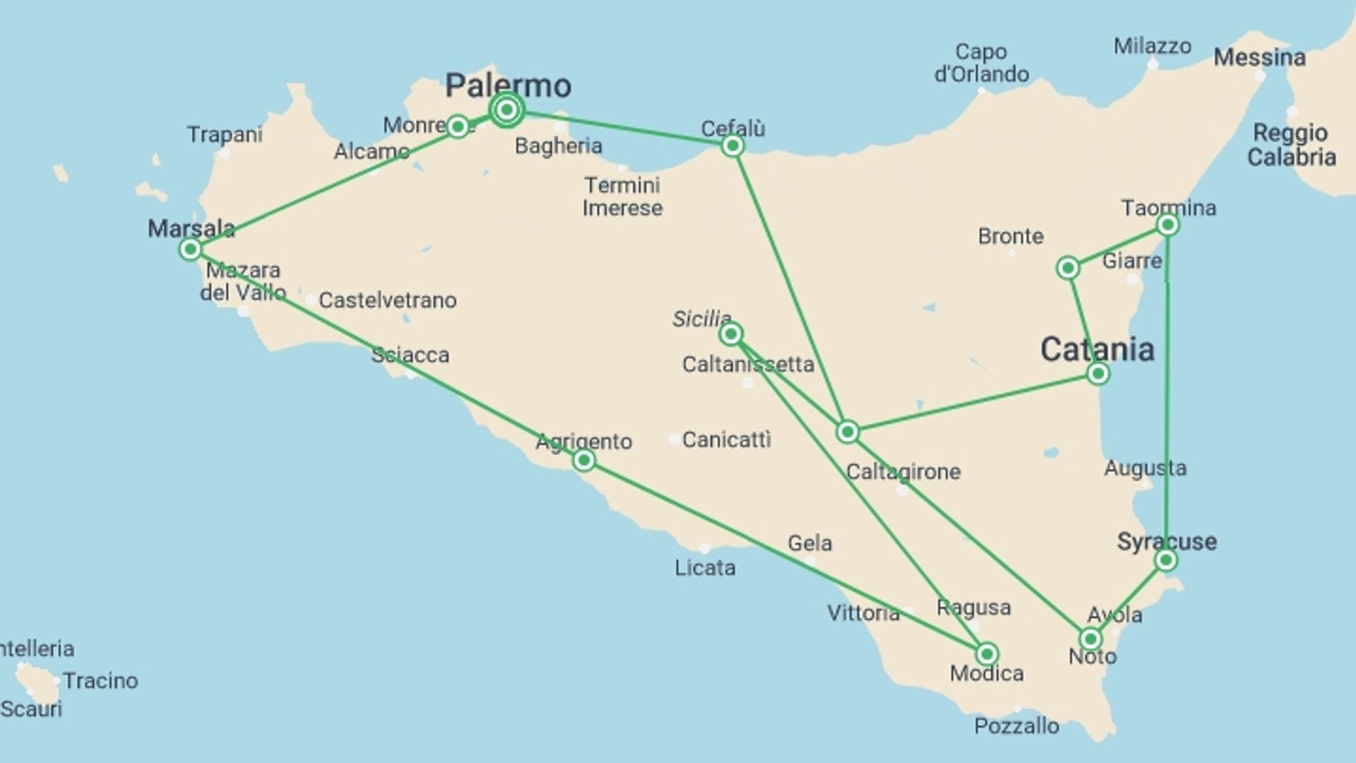 A map showing the tour itinerary for the trip: Private Tour of Sicily from Palermo, starting in Palermo, Italy and ending in Palermo, Italy going through 6 other destinations.