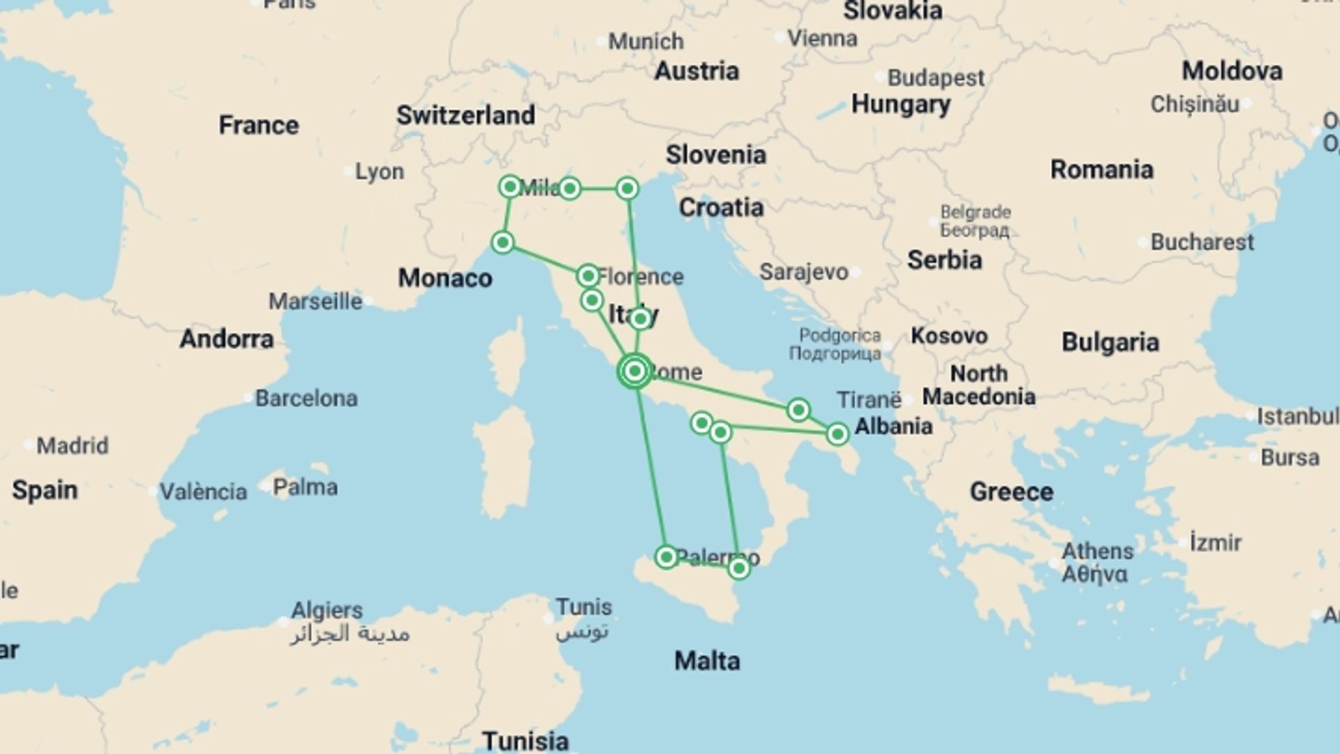 A map showing the tour itinerary for the trip: Italian Roundabout Complete End Rome, starting in Rome, Italy and ending in Rome, Italy going through 13 other destinations.