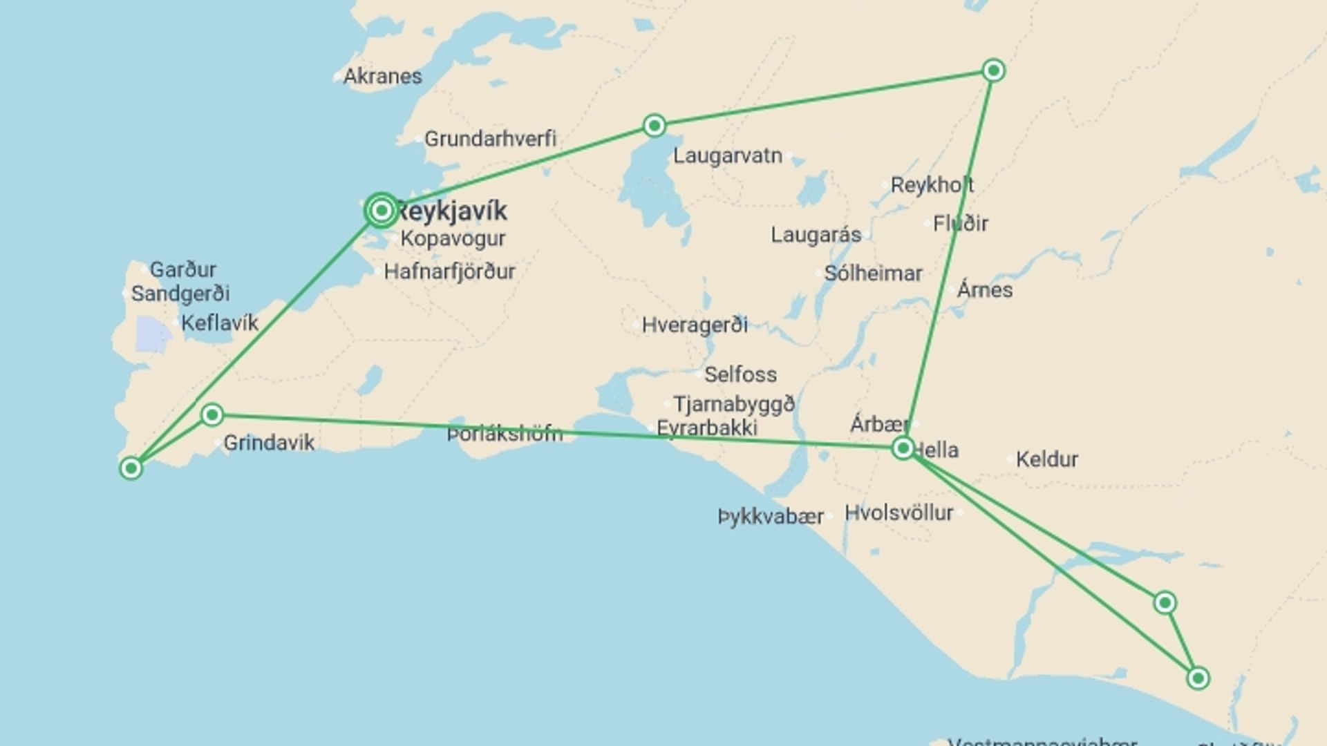 A map showing the tour itinerary for the trip: New Years Land Of The Northern Lights - 5 days, starting in Reykjavik, Iceland and ending in Reykjavik, Iceland going through 1 other destinations.