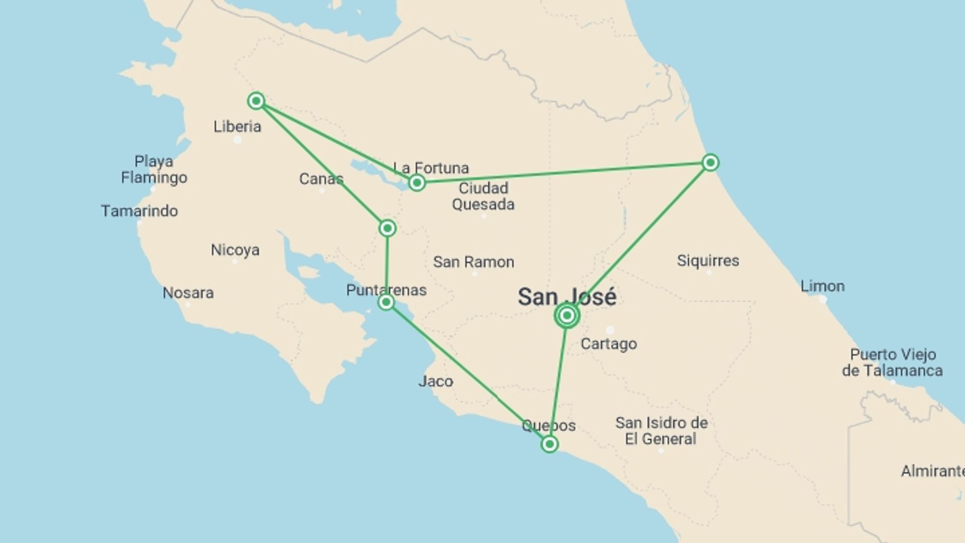 A map showing the tour itinerary for the trip: Into The Wild: A Costa Rican Escape, Self-drive, starting in San Jose, Costa Rica and ending in San Jose, Costa Rica going through 6 other destinations.