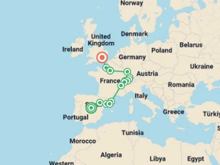 Map of Europe Tour with 9 destination visits for the trip: Essential Europe end London