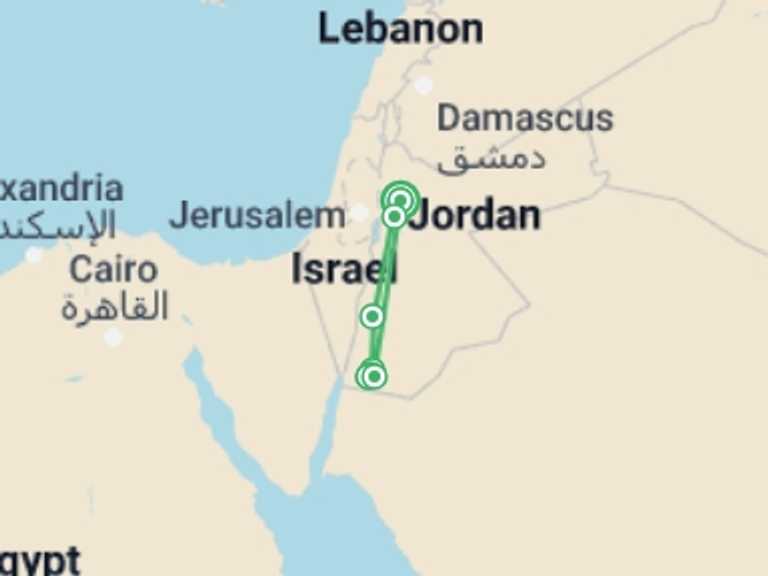 Map itinerary of Jordan Tour in Winter with 7 destination visits for the trip: Petra & the Bedouin Trail