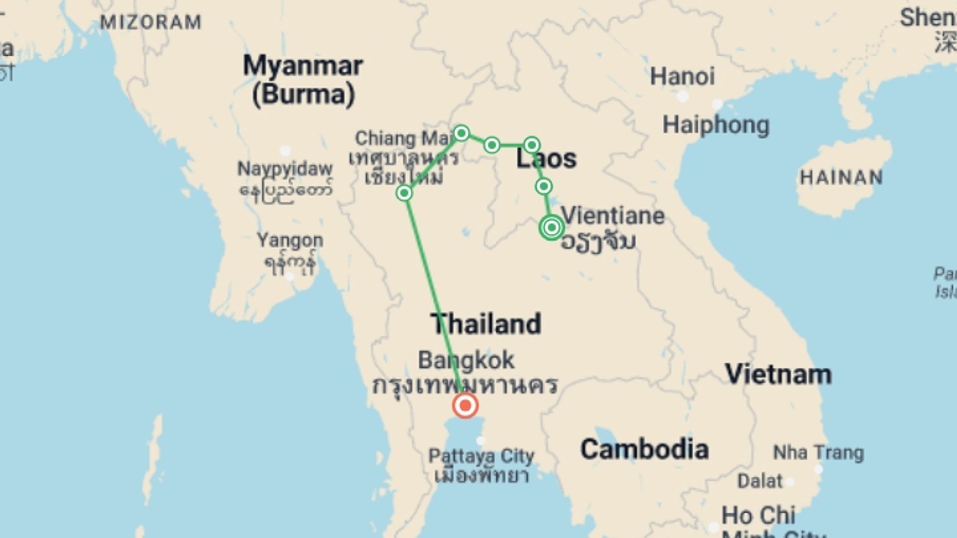 A map showing the tour itinerary for the trip: Laos to Thailand: Night Markets & Mekong Cruising, starting in Vientiane, Laos and ending in Bangkok, Thailand going through 5 other destinations.