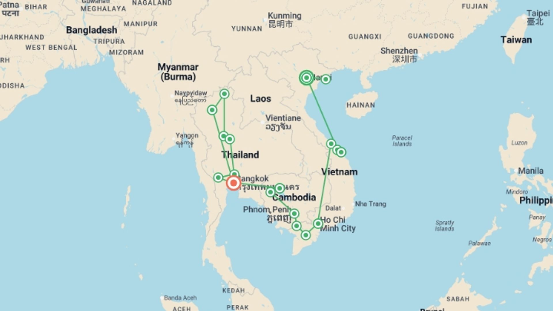 A map showing the tour itinerary for the trip: Ultimate Vietnam & Cambodia & Thailand ends Bangkok (4 Star Hotels), starting in Hanoi, Vietnam and ending in Bangkok, Thailand going through 12 other destinations.