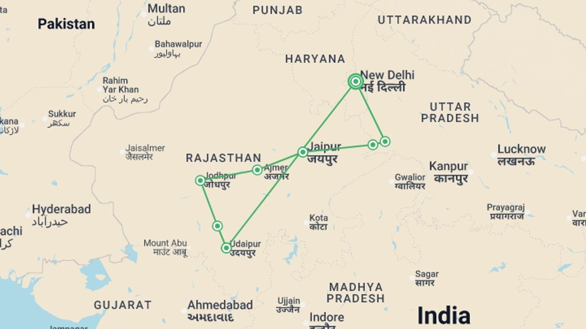 A map showing the tour itinerary for the trip: Magical Rajasthan, 9 Days Tour, starting in New Delhi, India and ending in New Delhi, India going through 4 other destinations.