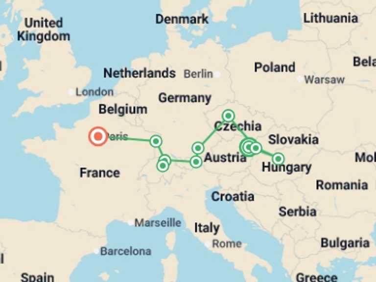 Map itinerary of Europe Tour in January 2027 with 6 destination visits for the trip: Eastern Capitals with Switzerland