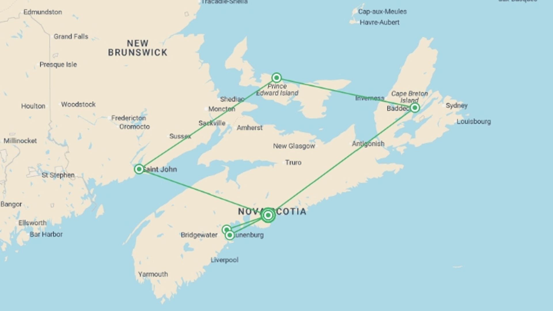 A map showing the tour itinerary for the trip: Canadian Maritimes and Coastal Wonders, starting in Halifax, Canada and ending in Halifax, Canada going through 3 other destinations.