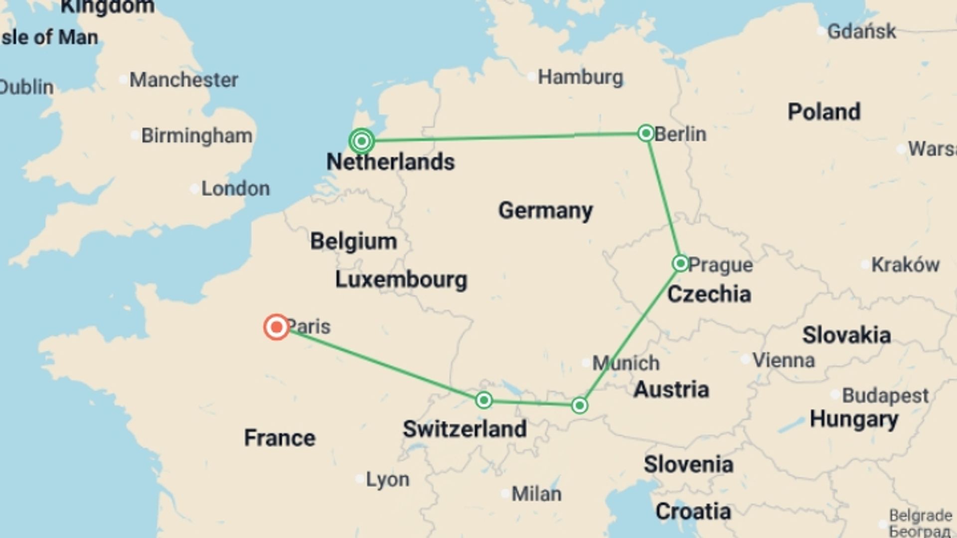 A map showing the tour itinerary for the trip: From Amsterdam to Paris GO, starting in Amsterdam, Holland and ending in Paris, France going through 4 other destinations.