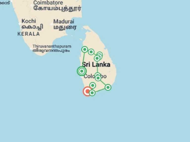 Map itinerary of Sri Lanka Tour in April 2027 with 13 destination visits for the trip: Untouched Wilderness of Sri Lanka 