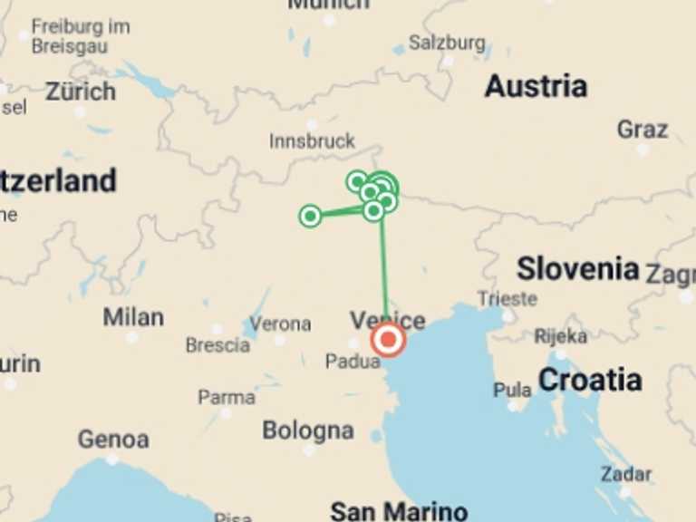 Map itinerary of Italy Tour in August 2027 with 7 destination visits for the trip: Hiking in the Dolomites