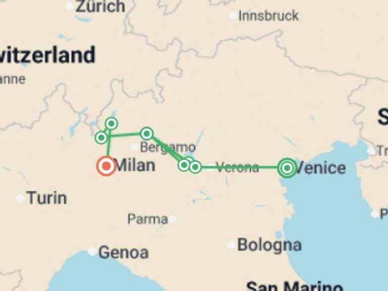 Map itinerary of Milan Tour in May 2026 with 3 destination visits for the trip: Italy’s Lakes & Bernina Express: Small Group Tour