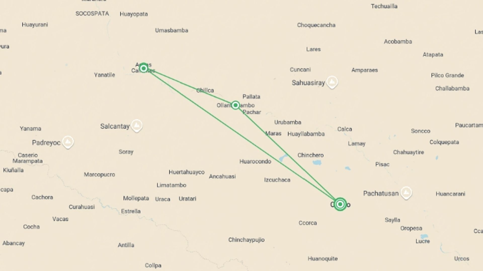 A map showing the tour itinerary for the trip: 2-Days Short Inca Trail with Hotel, starting in Cusco, Peru and ending in Cusco, Peru going through 3 other destinations.