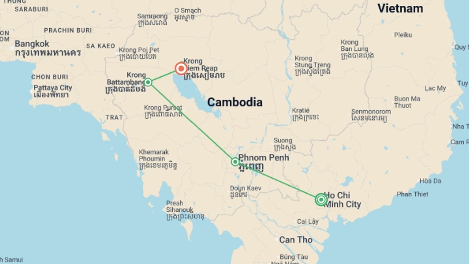 A map showing the tour itinerary for the trip: Highlights of Cambodia, starting in Ho Chi Minh City, Vietnam and ending in Siem Reap, Cambodia going through 4 other destinations.
