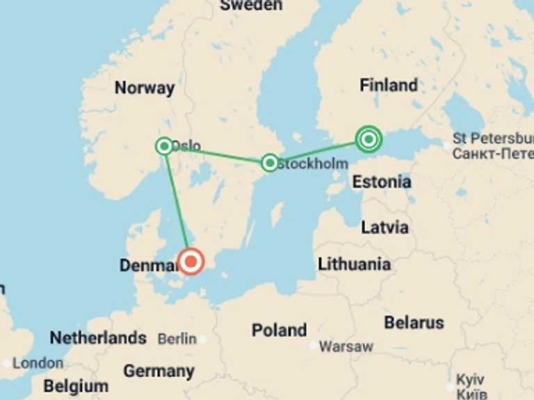 Map of Europe Cultural, religious and historic sites Tour with 6 destination visits for the trip: Northern Capitals