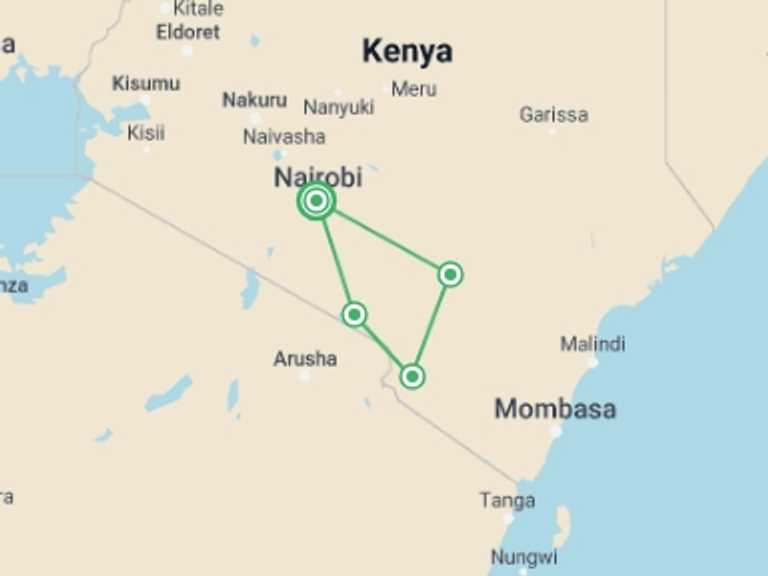 Map itinerary of Tsavo West National Park Tour in Winter with 4 destination visits for the trip: 4 Day Safari: Amboseli,Tsavo West &Tsavo East
