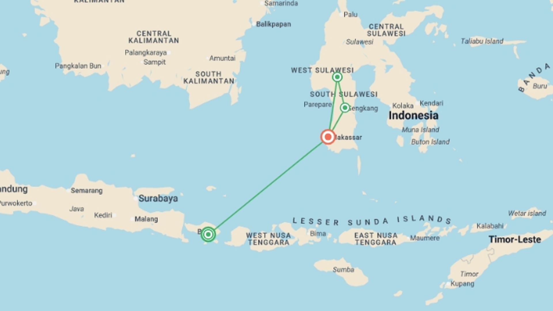 A map showing the tour itinerary for the trip: Sulawesi Adventure: The Culture of Tana Toraja, starting in Ubud, Indonesia and ending in Makassar, Indonesia going through 2 other destinations.