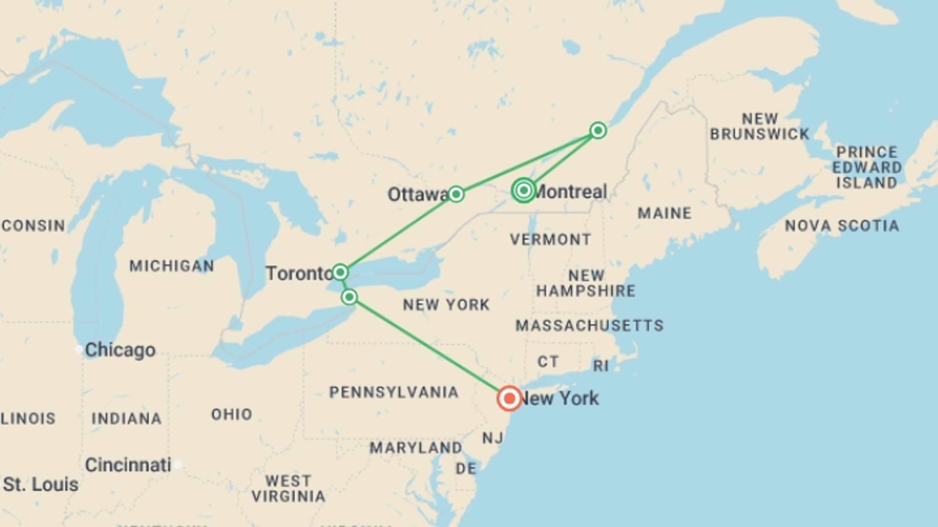 A map showing the tour itinerary for the trip: Canada, Niagara and New York, starting in Montreal, Canada and ending in New York, USA going through 4 other destinations.