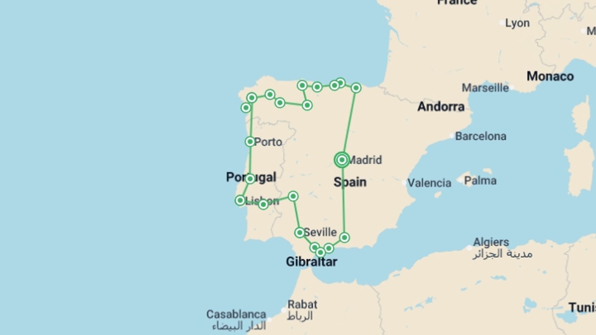 A map showing the tour itinerary for the trip: Madrid, Portugal and North of Spain, starting in Madrid, Spain and ending in Madrid, Spain going through 7 other destinations.