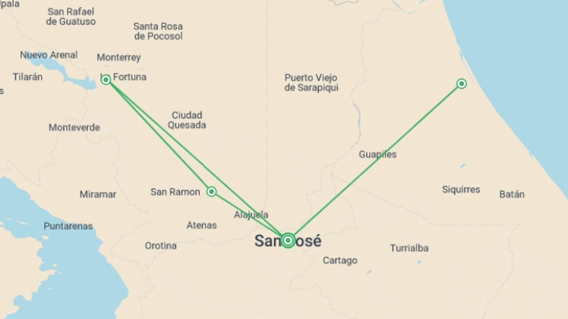 A map showing the tour itinerary for the trip: Tropical Costa Rica 5 Days, Short Break, starting in San Jose, Costa Rica and ending in San Jose, Costa Rica going through 1 other destinations.