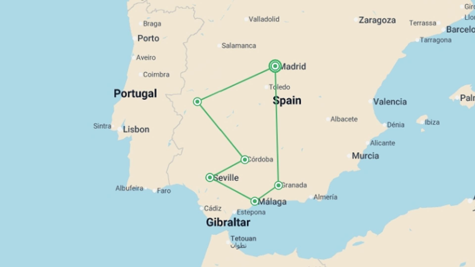 A map showing the tour itinerary for the trip: Madrid & Southern Spain - 9 days, starting in Madrid, Spain and ending in Madrid, Spain going through 4 other destinations.