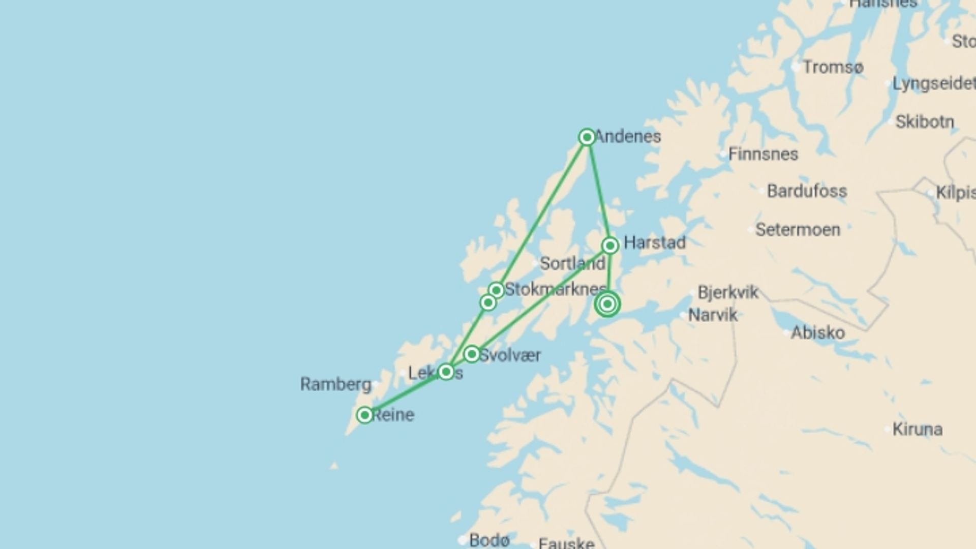 A map showing the tour itinerary for the trip: Lofoten Islands Self Drive - 10 days, starting in Evenes, Norway and ending in Evenes, Norway going through 6 other destinations.