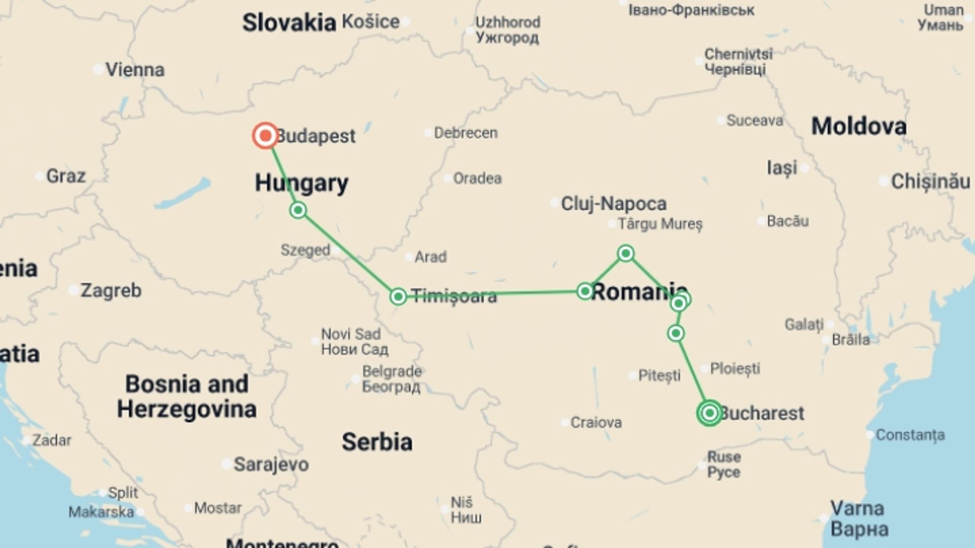A map showing the tour itinerary for the trip: Best of Romania, Transylvania & Hungary, starting in Bucharest, Romania and ending in Budapest, Hungary going through 4 other destinations.