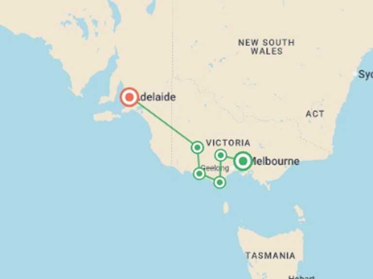 Map of Oceania Explorer Tour with 6 destination visits for the trip: Great Ocean Road & Grampians Adventure