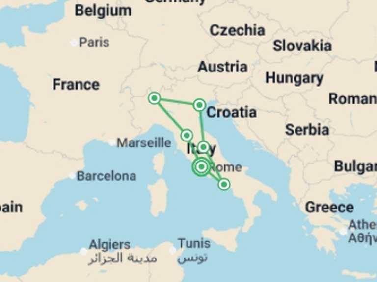 Map itinerary of Assisi Tour in October 2026 with 6 destination visits for the trip: Italian Scene