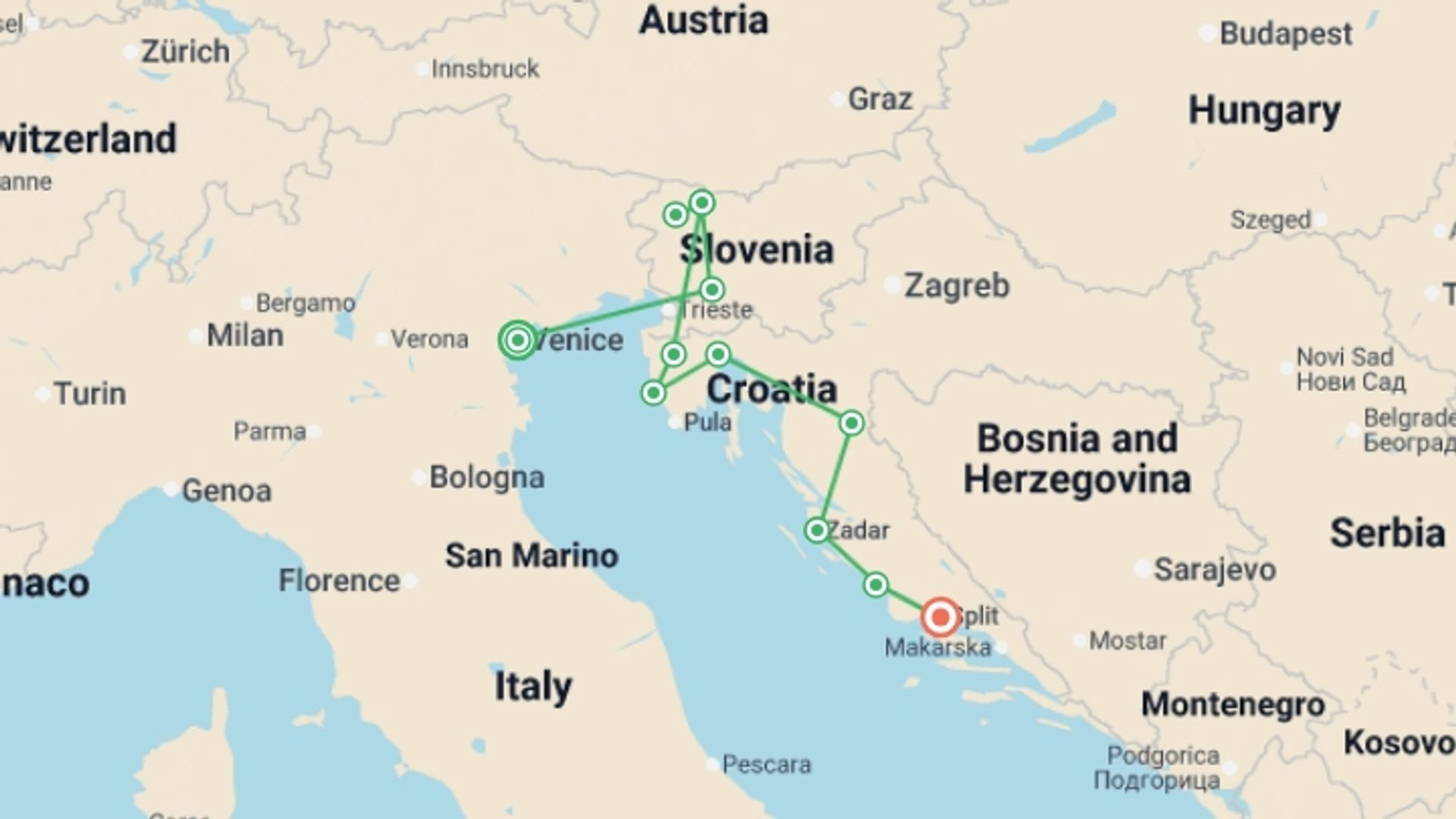 A map showing the tour itinerary for the trip: Premium Venice to Split, starting in Venice, Italy and ending in Split, Croatia going through 4 other destinations.