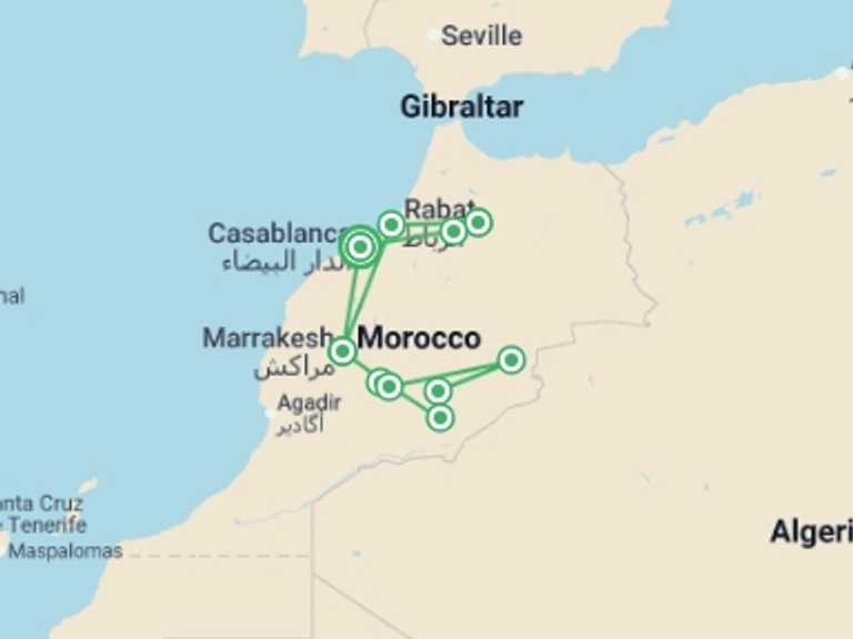 Map of 10-Day Africa Tour with 6 destination visits for the trip: Casablanca, Marrakech & the Sahara - 10 days 