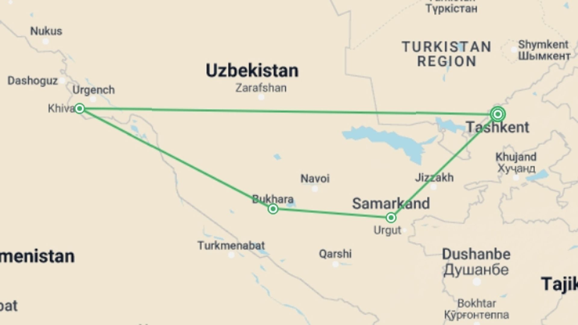 A map showing the tour itinerary for the trip: Solo-ish Uzbekistan, starting in Tashkent, Uzbekistan and ending in Tashkent, Uzbekistan going through 3 other destinations.