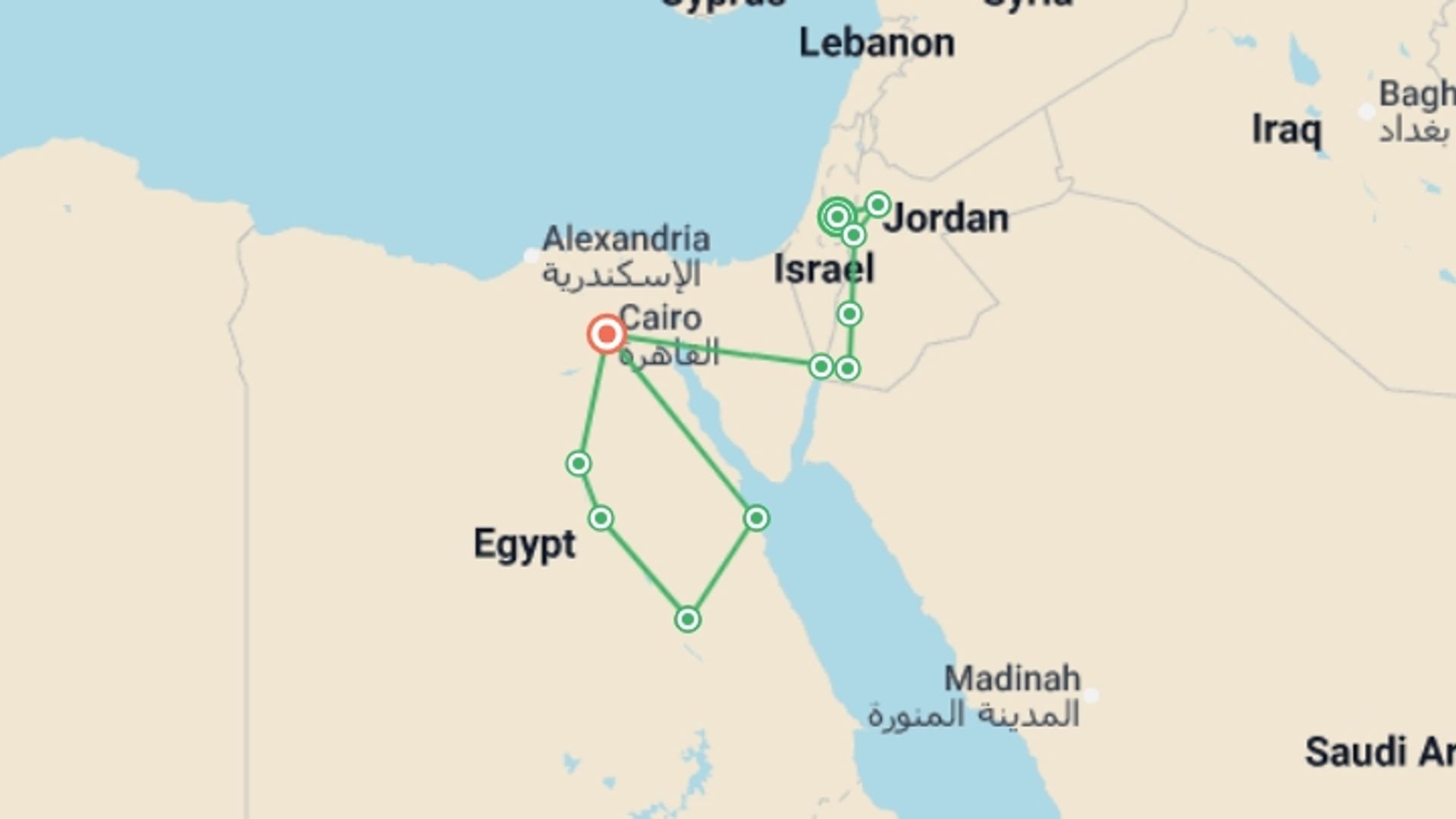 A map showing the tour itinerary for the trip: Jerusalem, Jordan, Secrets of the Nile and Hurghada, starting in Jerusalem, Israel and ending in Cairo, Egypt going through 9 other destinations.