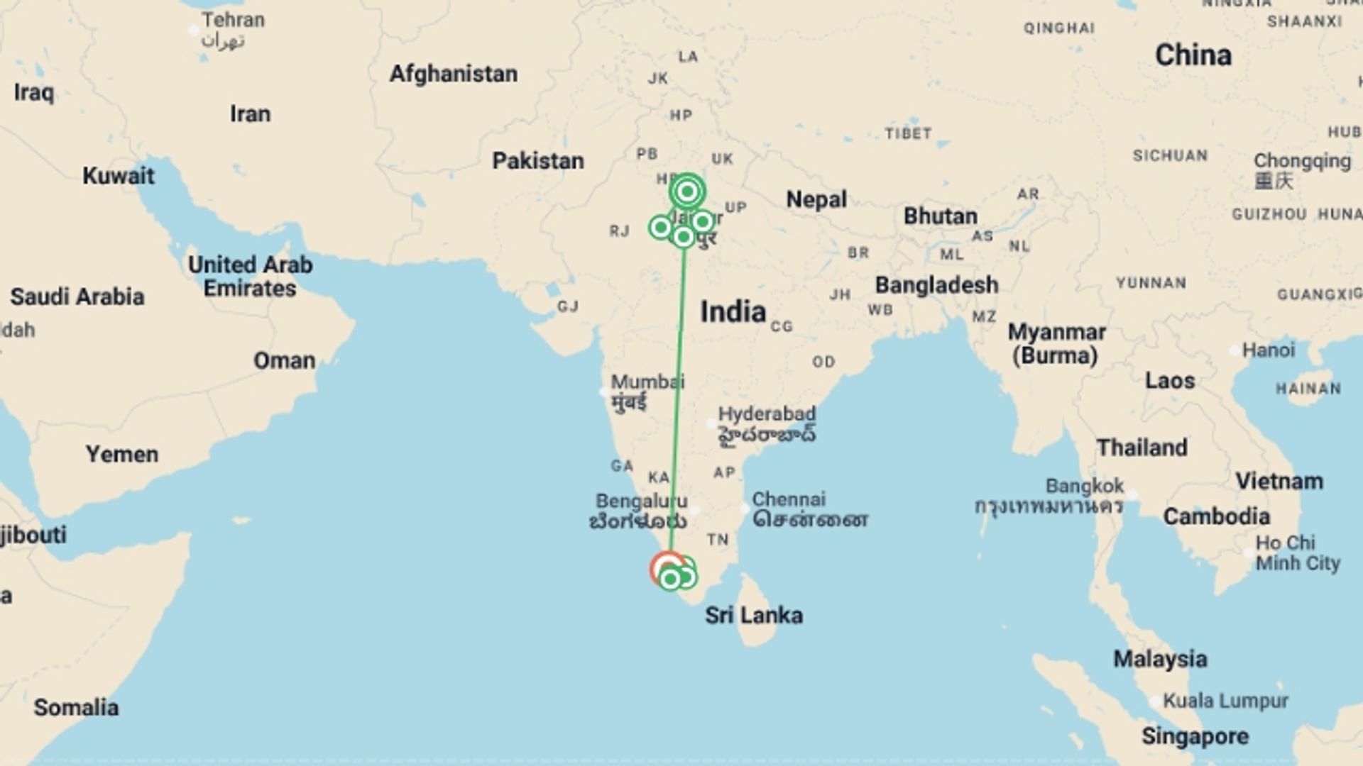 A map showing the tour itinerary for the trip: Golden Triangle & Kerala - 15 days, starting in New Delhi, India and ending in Kochi, India going through 7 other destinations.