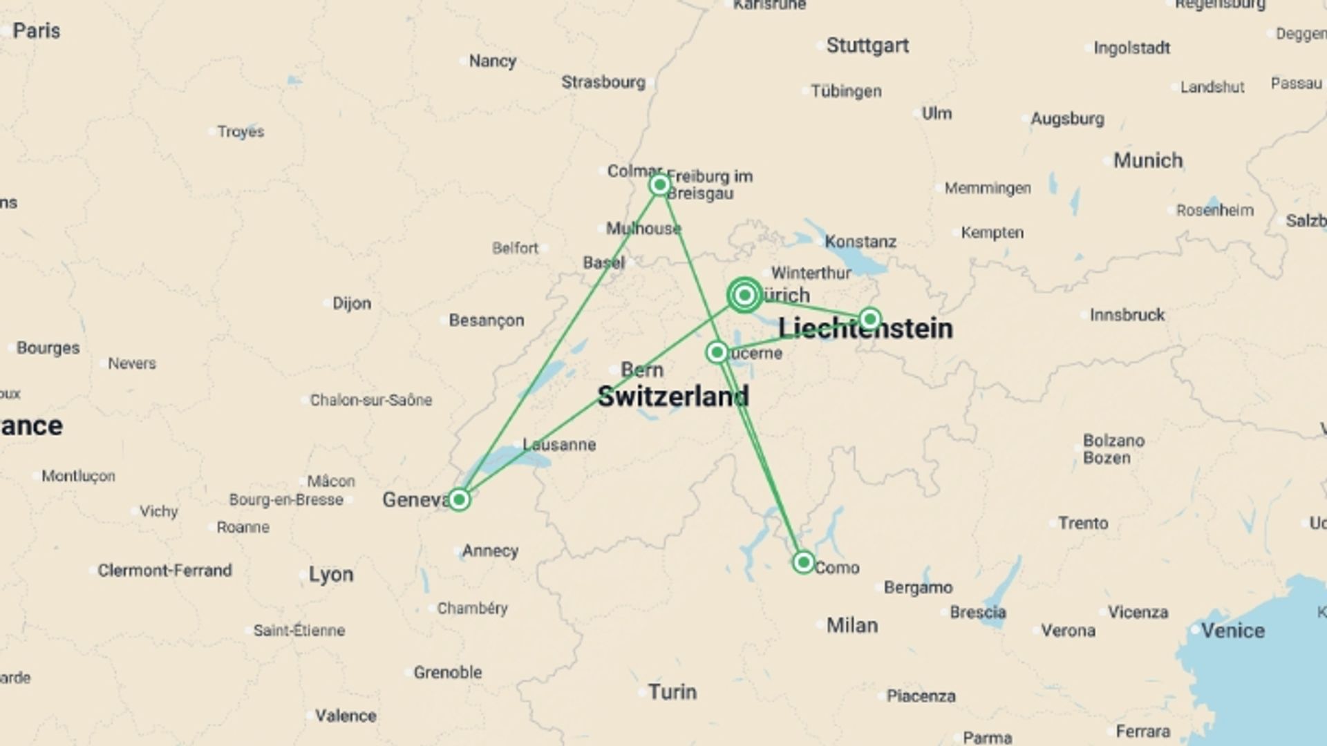 A map showing the tour itinerary for the trip: Splendid Switzerland, starting in Zurich, Switzerland and ending in Vorarlberg, Austria going through 5 other destinations.