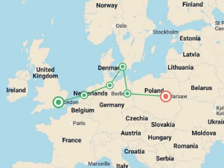 Map of 10-Day London Tour with 6 destination visits for the trip: London to Warsaw Vistas