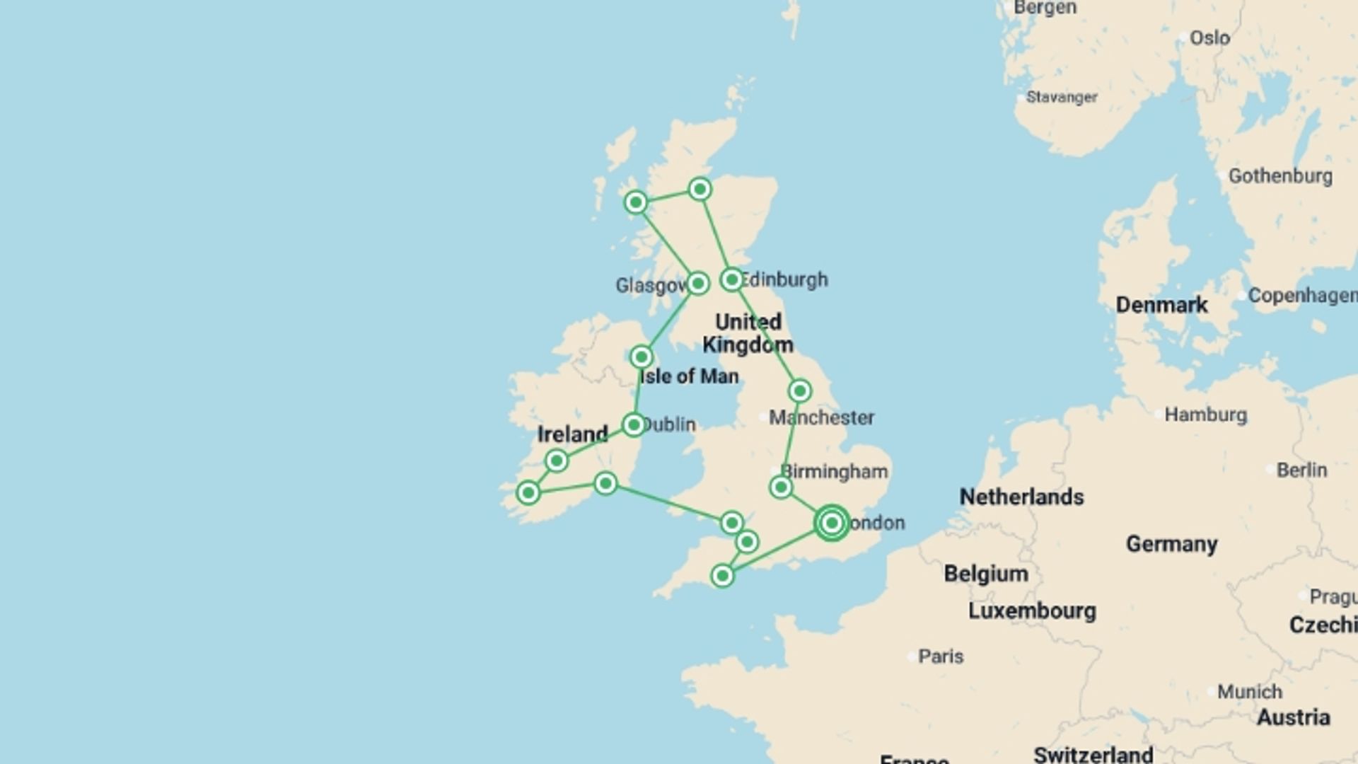 A map showing the tour itinerary for the trip: Romantic Britain and Ireland - Premium, starting in London, England and ending in London, England going through 14 other destinations.
