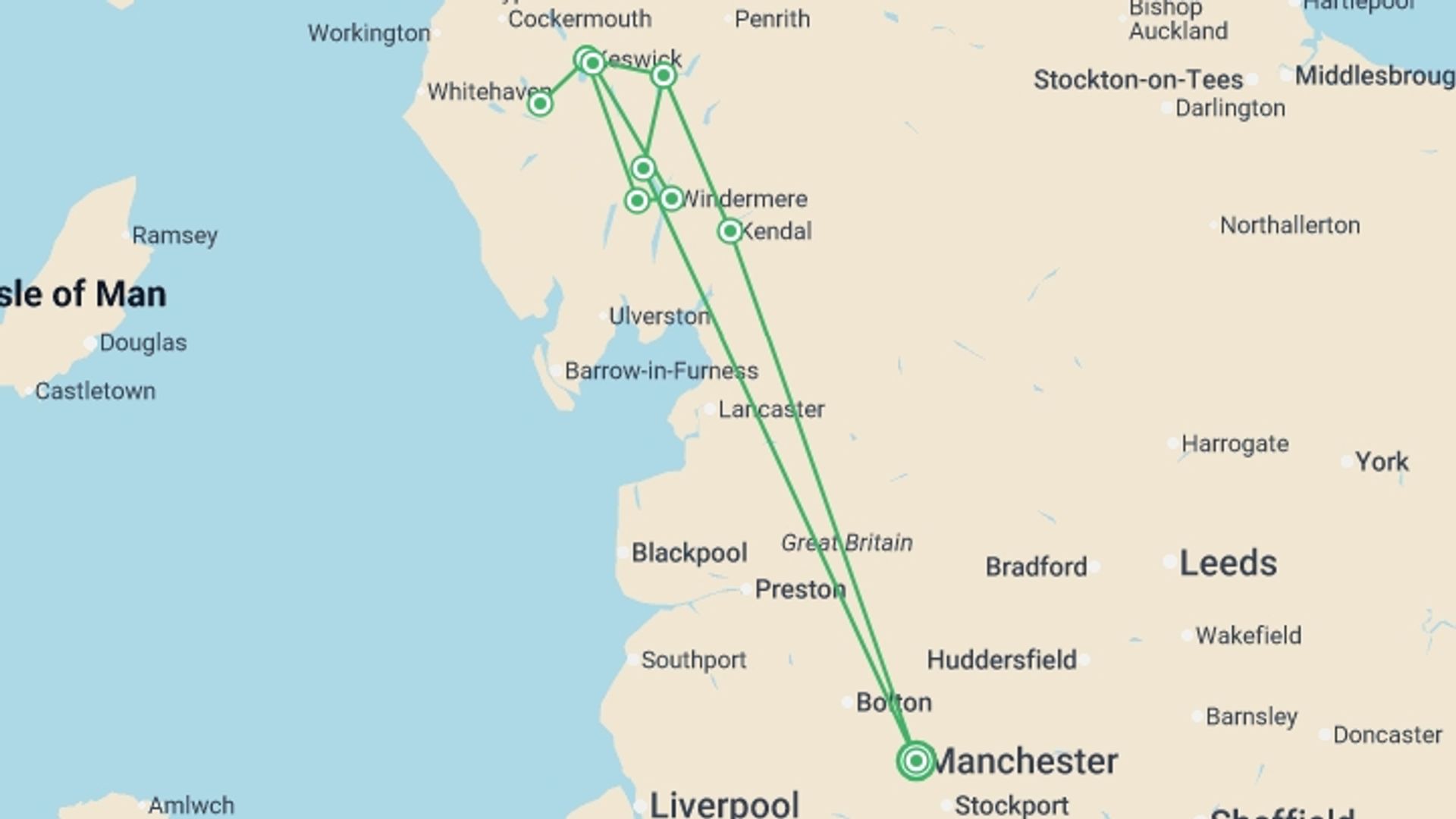 A map showing the tour itinerary for the trip: Lake District From Manchester - 3 days, starting in Manchester, England and ending in Manchester, England going through 1 other destinations.