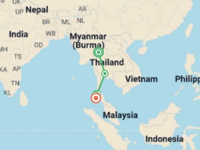 Map itinerary of Thailand Tour in April 2027 with 6 destination visits for the trip: Solo-ish Thailand