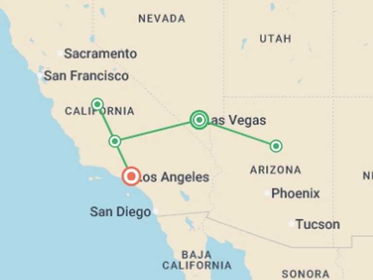 Map itinerary of USA Tour in March 2027 with 5 destination visits for the trip: West Park from Las Vegas