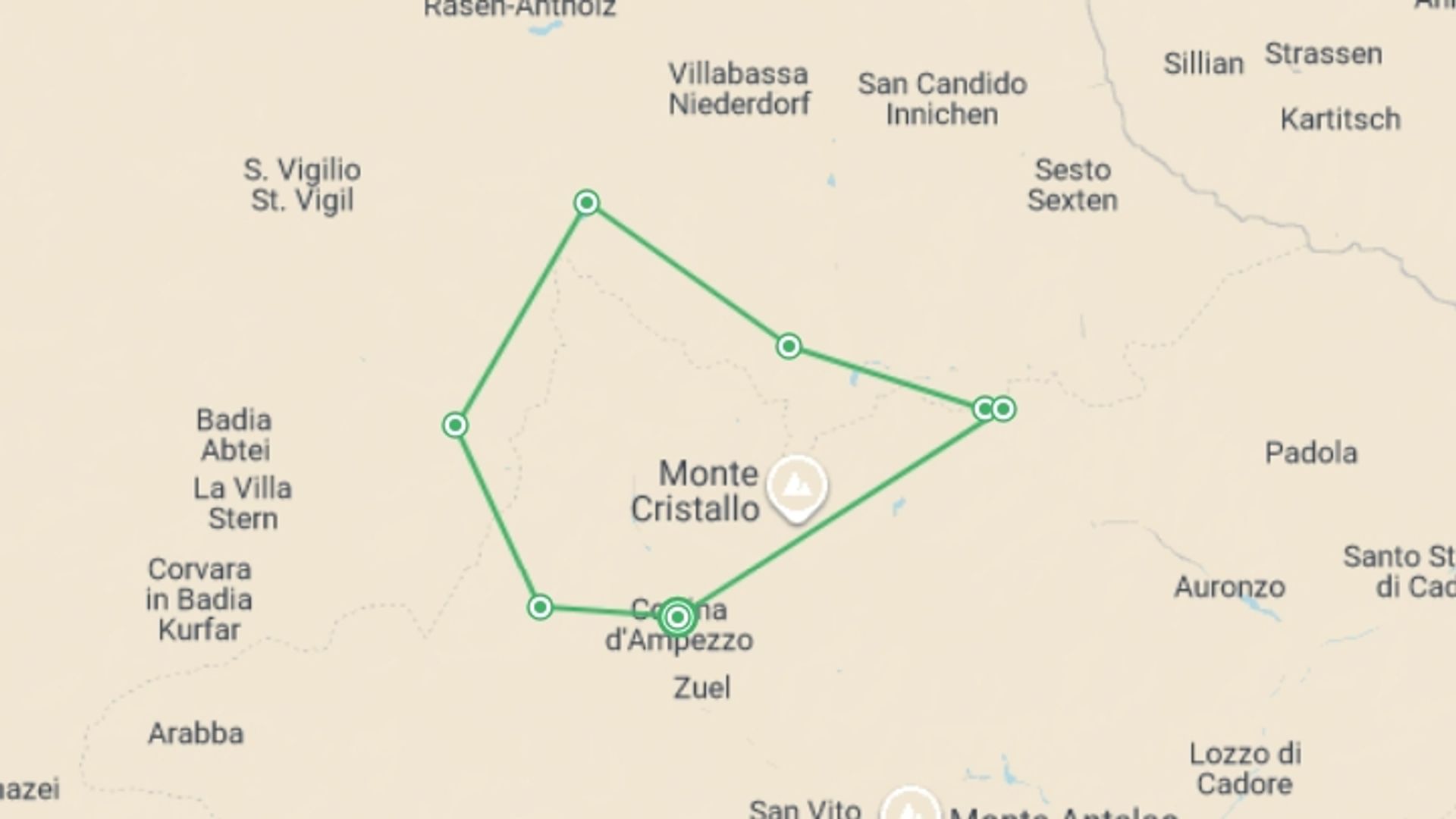 A map showing the tour itinerary for the trip: Dolomites Guided Hike, starting in Cortina d'Ampezzo, Italy and ending in Cortina d'Ampezzo, Italy going through 6 other destinations.