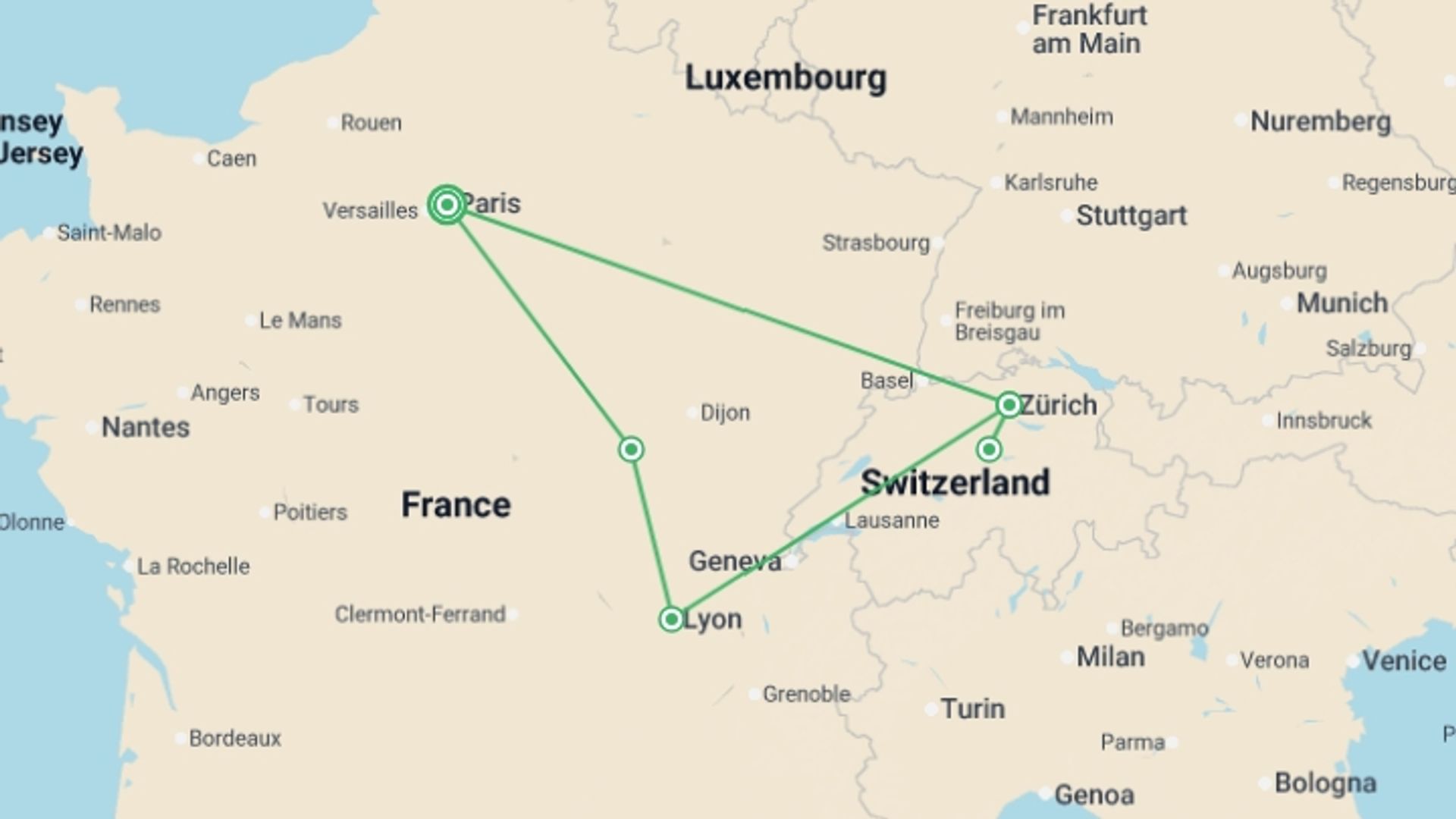 A map showing the tour itinerary for the trip: Solo Lite France and Switzerland Journey, starting in Paris, France and ending in Paris, France going through 3 other destinations.