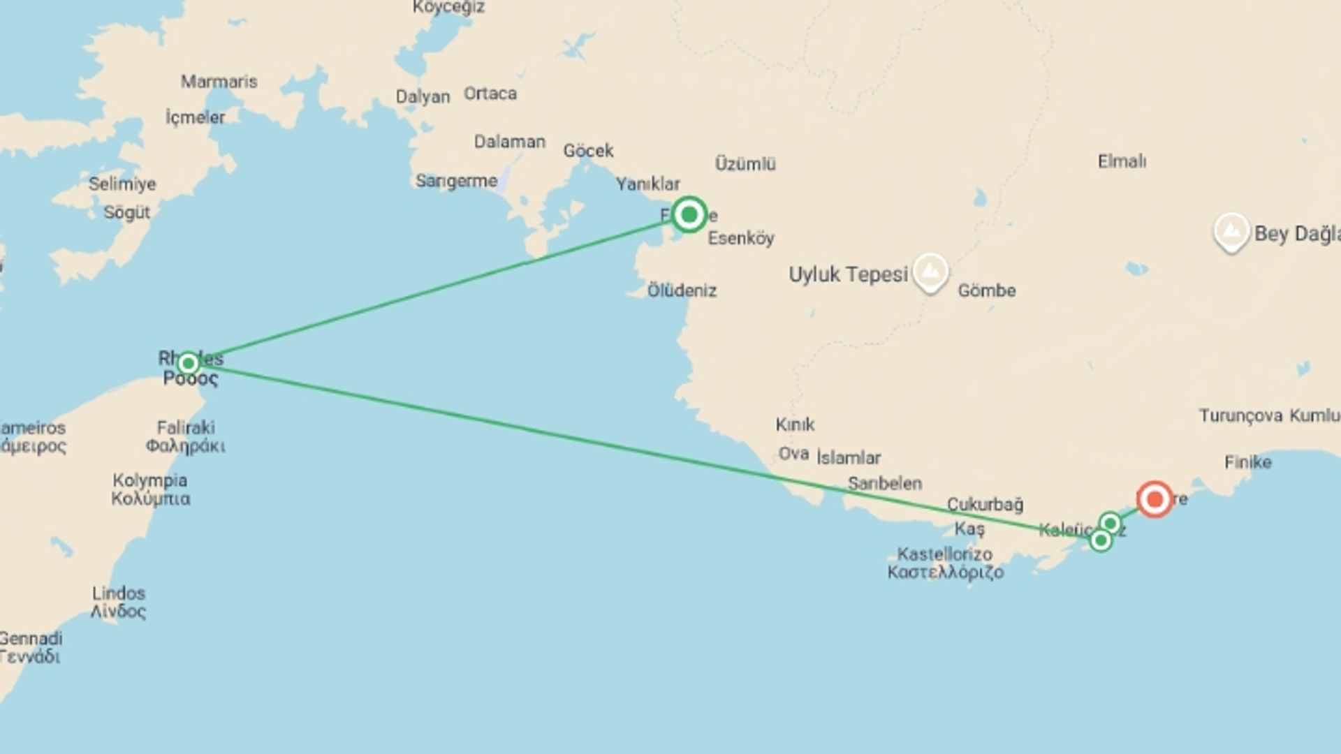 A map showing the tour itinerary for the trip: Fethiye to Demre Cruise - 4 days, starting in Fethiye, Turkey and ending in Demre, Turkey going through 3 other destinations.