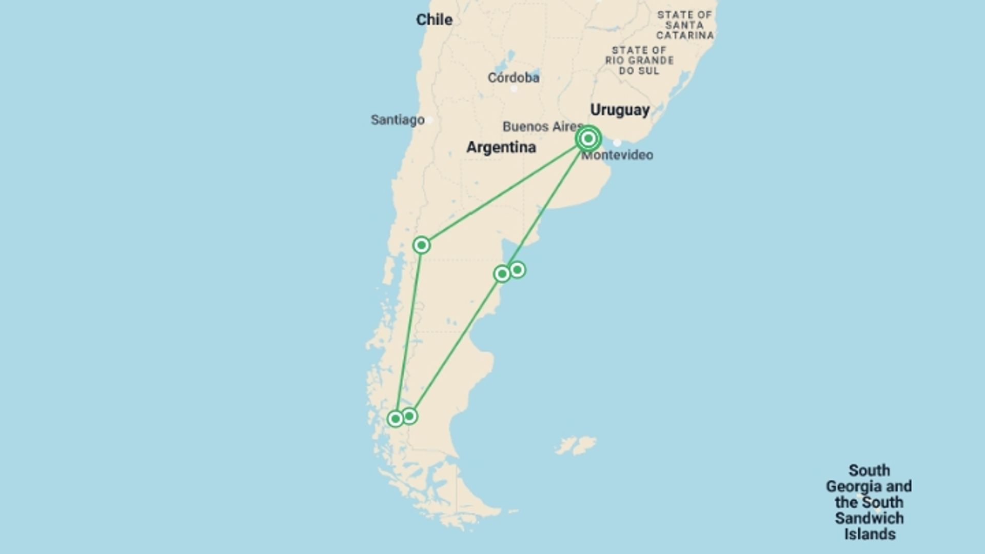 A map showing the tour itinerary for the trip: Lakes, Glaciers and Bohemian Buenos Aires, starting in Buenos Aires, Argentina and ending in Buenos Aires, Argentina going through 6 other destinations.
