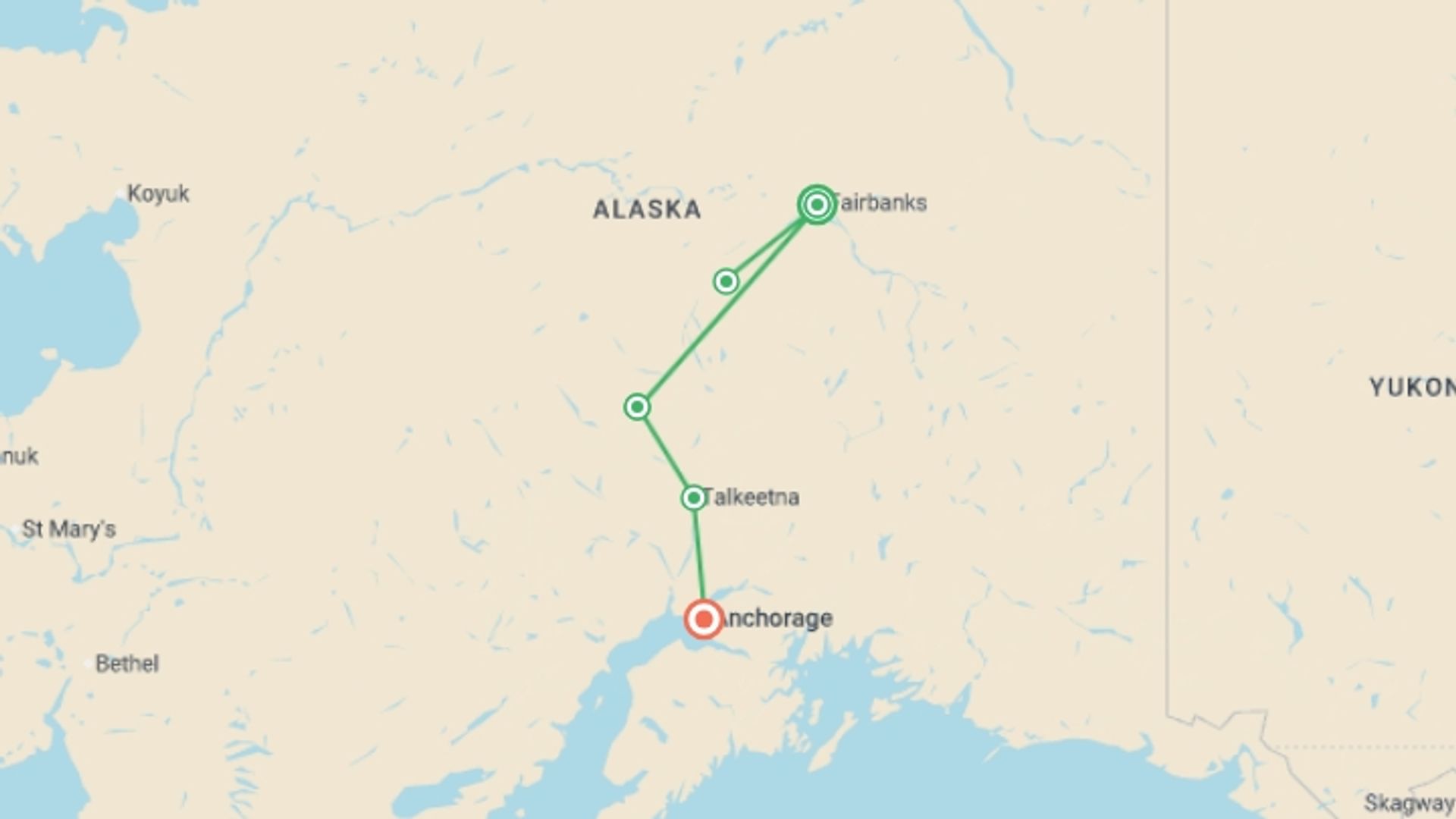 A map showing the tour itinerary for the trip: Alaska: America’s Last Frontier , starting in Fairbanks, USA and ending in Anchorage, USA going through 3 other destinations.