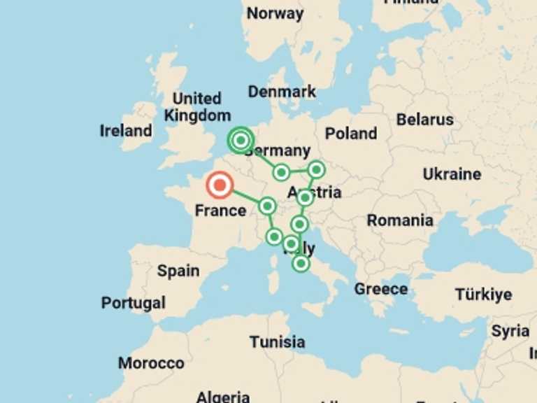 Map itinerary of Europe Tour in July 2026 with 11 destination visits for the trip: European Discovery