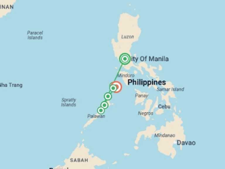 Map itinerary of Coron Tour in Spring with 7 destination visits for the trip: Perfect Palawan & Coron - 14 days