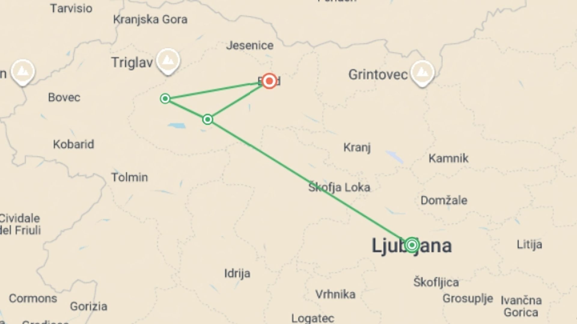 A map showing the tour itinerary for the trip: Slovenia: Hike, Bike & Raft, starting in Ljubljana, Slovenia and ending in Bled, Slovenia going through 2 other destinations.