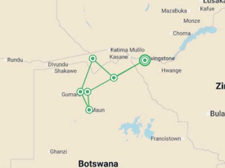Map of Zimbabwe Explorer Tour with 6 destination visits for the trip: Botswana & Zimbabwe Uncovered - 13 days