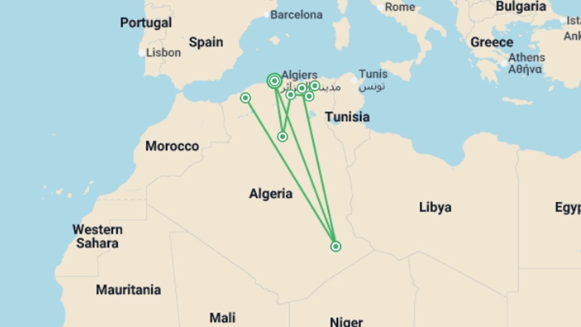 A map showing the tour itinerary for the trip: Ancient Algeria and the Sahara Desert, starting in Algiers, Algeria and ending in Algiers, Algeria going through 7 other destinations.